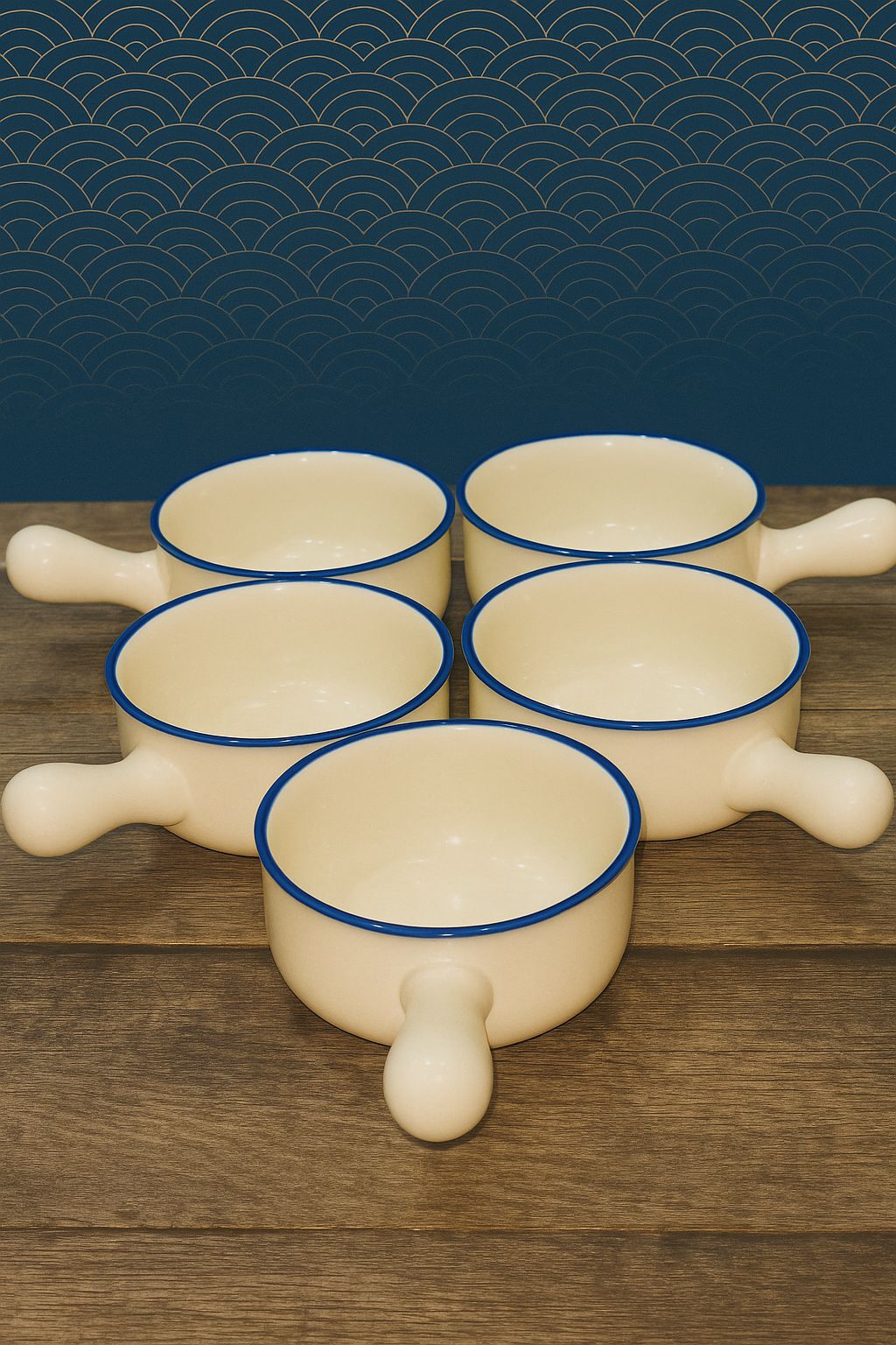 Japanese ๐ฏ๐ต Ceramic Handle Bowl ๐ฅฃ Set | 5 Cream Soup Bowls with Grip Stick Handle | Minimalist Traditional Design๐๐๐