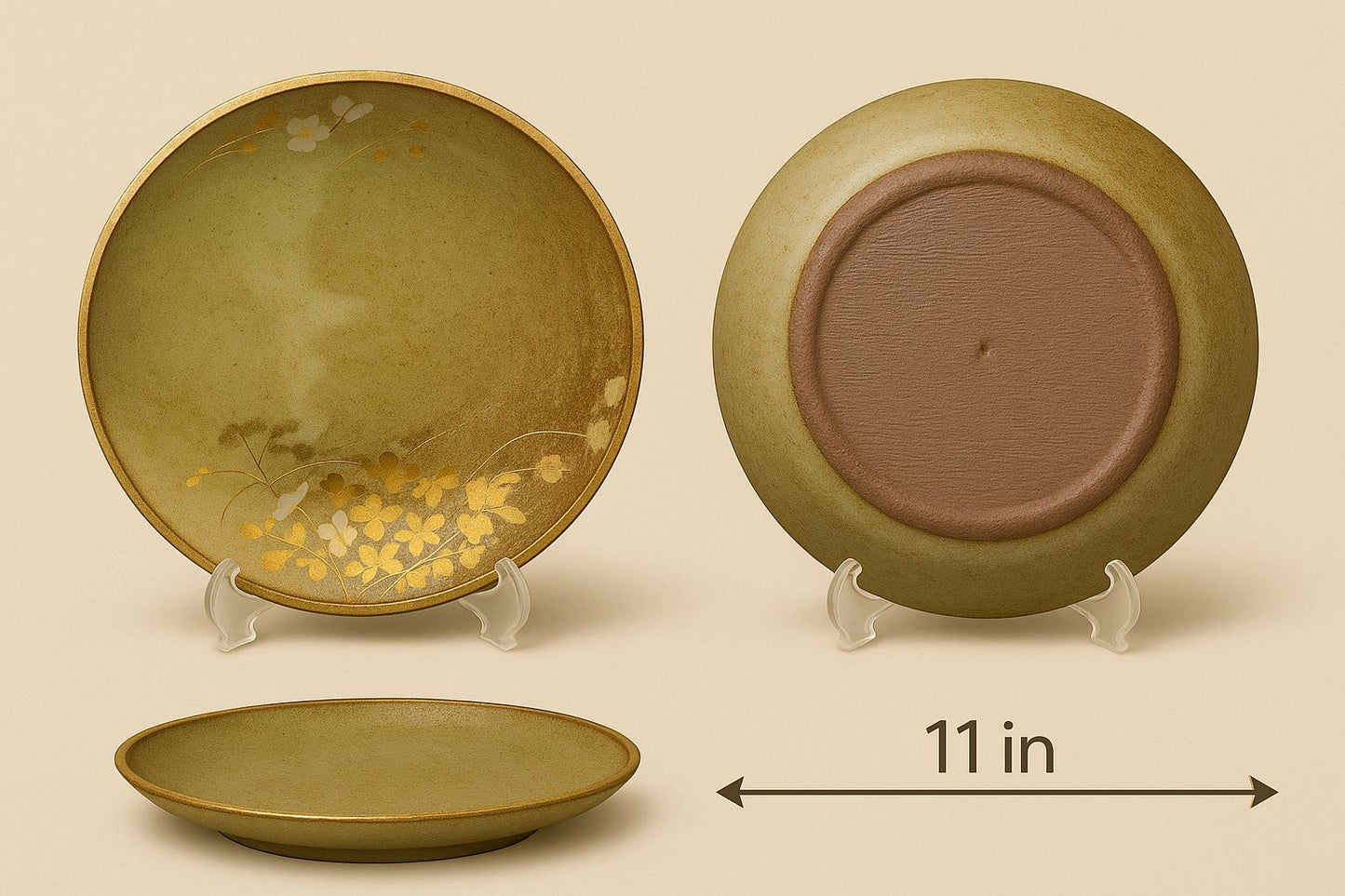 Traditional Japanese 🇯🇵 Ceramic Plate 😍🫰🏻– 11 Inches | Green & Gold Floral😍