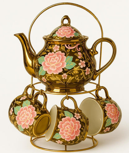 Luxury Floral Tea Set😍☕️ – 11 Piece Golden Porcelain (4 Cups☕️6 Saucers 🍽️ 1 Kettle