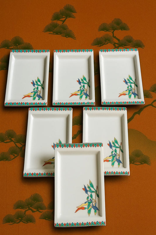 nade by Japanese 🇯🇵 Rectangular Ceramic Kabab Plates – Hand-Painted Traditional 🧫Design😍 (Set of 6)