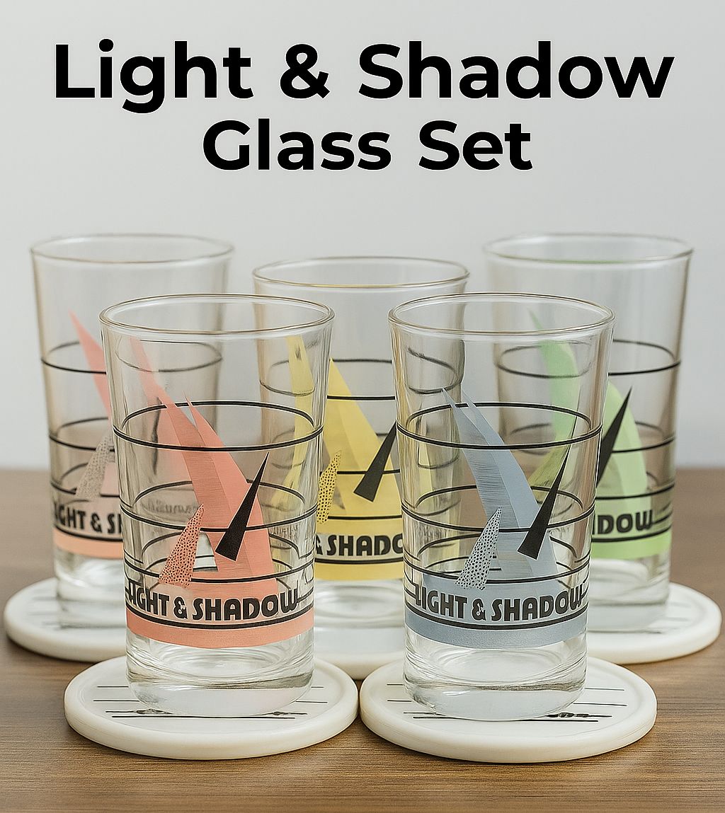 Light & Shadow 5-Piece Glass 🥃Set with Matching Coasters – Multicolor Design