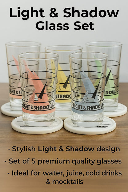 Light & Shadow 5-Piece Glass 🥃Set with Matching Coasters – Multicolor Design